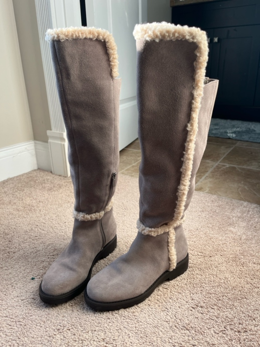 Sole Society Women's Over-the-Knee Gray Suede Boots with Cream Shearling Trim